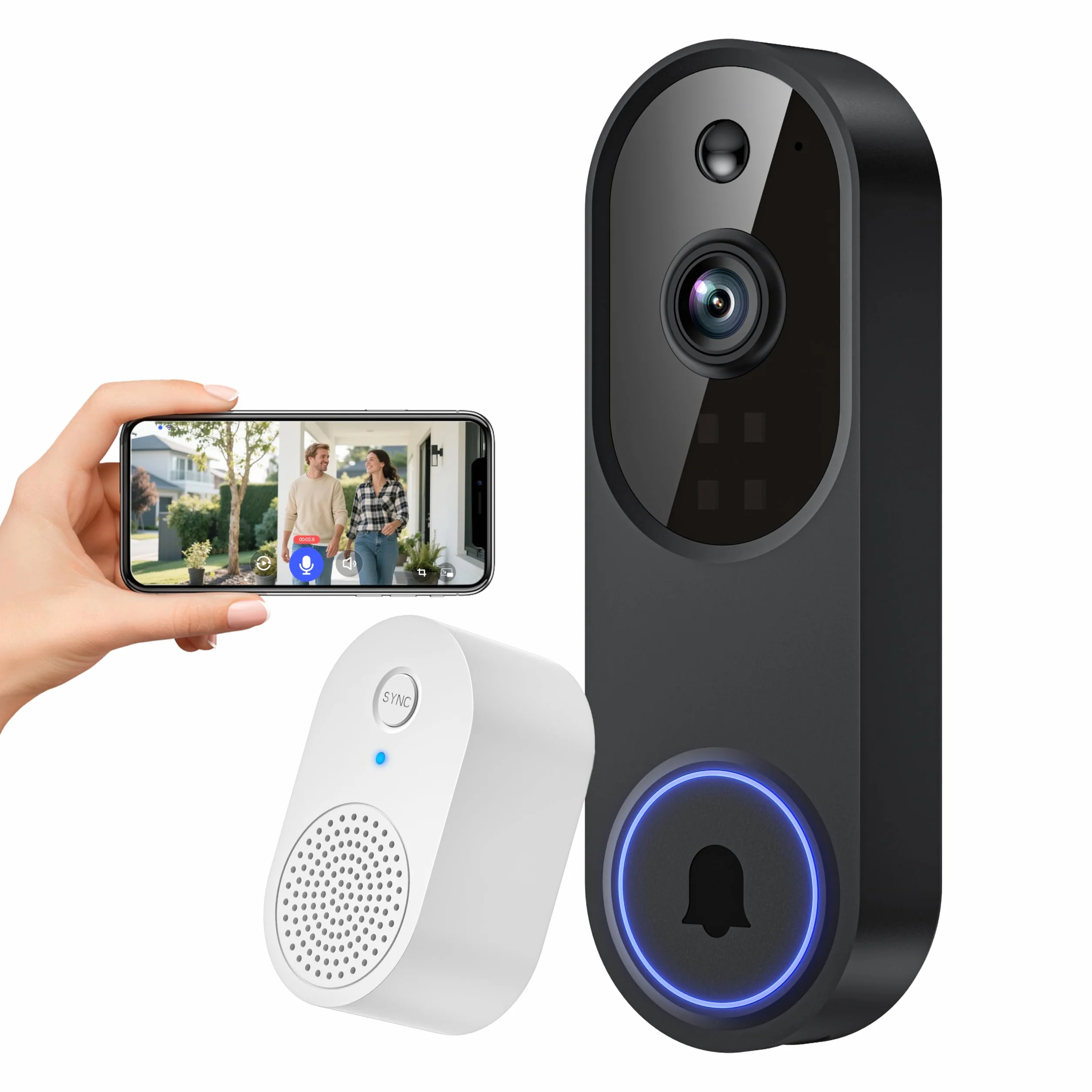 1080P Videocitofono WiFi senza fili, rilevamento umano AI, conversazione a 2 vie, Wi-Fi 2,4G, alimentato a batteria, archiviazione cloud, sorveglianza interna ed esterna (con ricevitore)