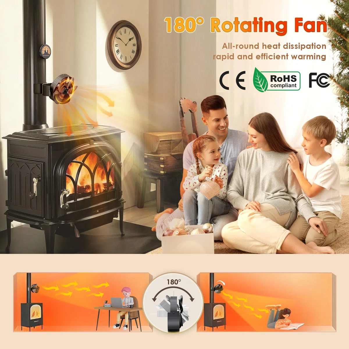 3 IN 1 Ventilatore per stufa a legna 5 lame Ventilatore 180° rotazione magnetico per bruciatori di legna Ventilatores per caminetto alimentato dal calore