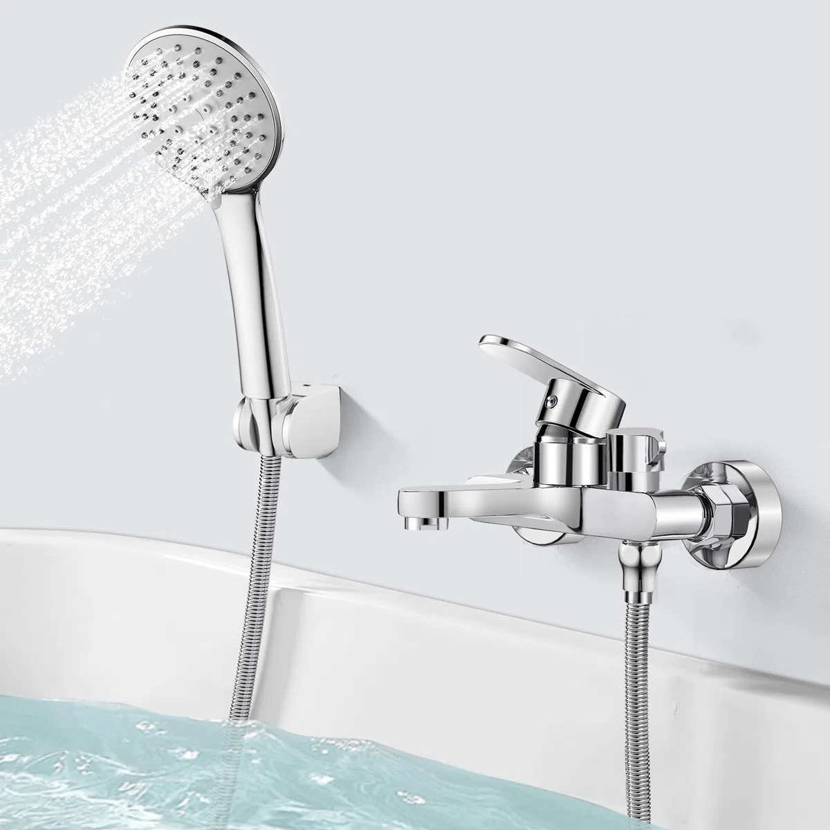 Rubinetto per vasca da bagno con doccetta, miscelatore per vasca da bagno cromato, con soffione doccia a 3 funzioni, in ottone per doccia, montaggio a parete 150 mm