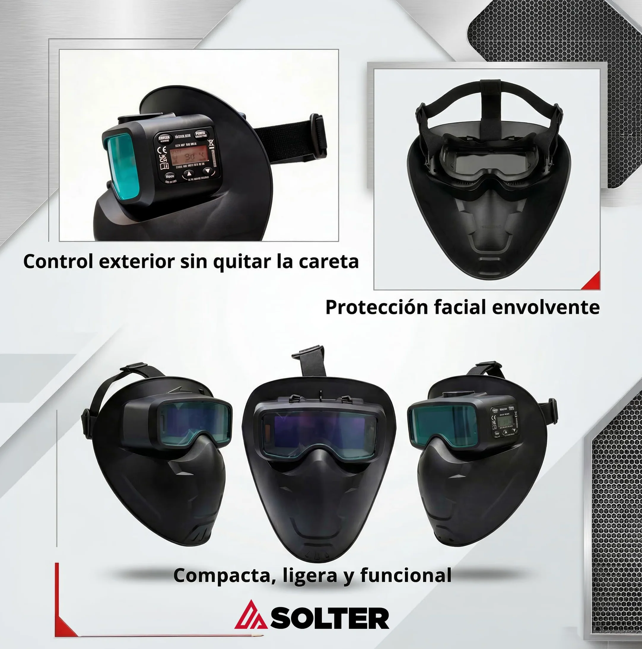 Maschera per saldatura elettronica Solter S-Mask 15 | Visore ampio 111x39 mm | Oscuramento automatico DIN 5-13 | Leggero, compatto e compatibile con piccoli occhiali