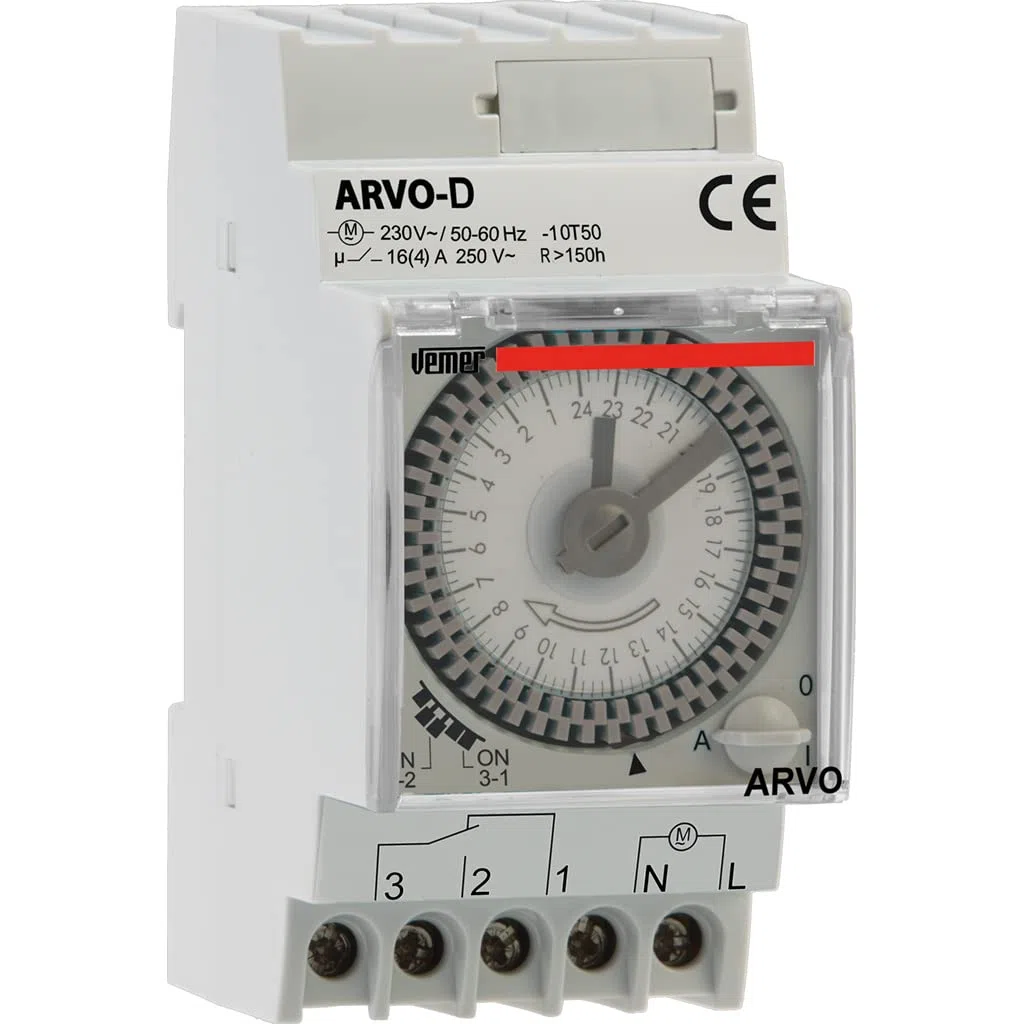 VEMER VP882500 ARVO-D - Interruttore Orario Elettromeccanico a Cavalieri con Batteria Sostituibile, Programmazione Giornaliera, 2,5 Moduli DIN, Grigio