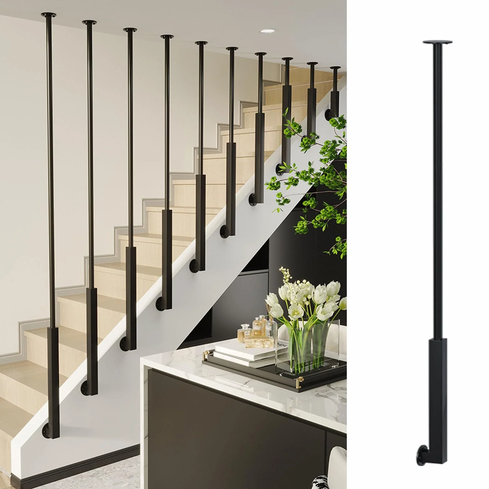 Ringhiera Per Scale Balaustre per scale personalizzabili in ferro nero per interni, Moderno ponte balaustre per case decorativo, Oro/bianco Colonna a balaustro per mansarda/corridoio(Black,0.5m/19.7in