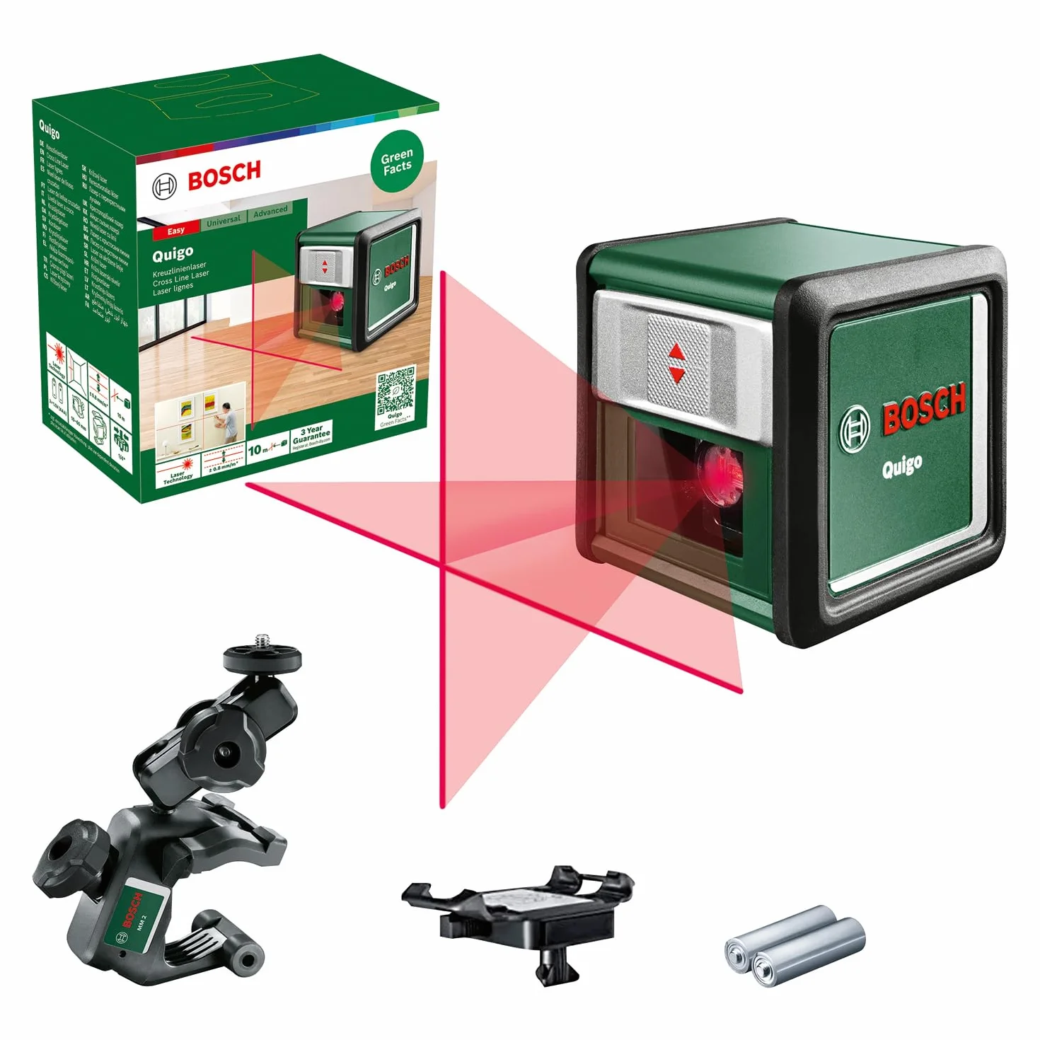 Bosch livella laser a croce Quigo con morsetto snodabile MM 2 (allineamento facile e preciso con posizionamento versatile, in cartone)