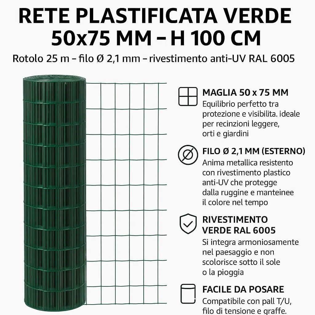 Rete Metallica Plastificata Verde per Recinzione, 100 cm x 25 mt, Maglia 50x75 mm, Elettrosaldata