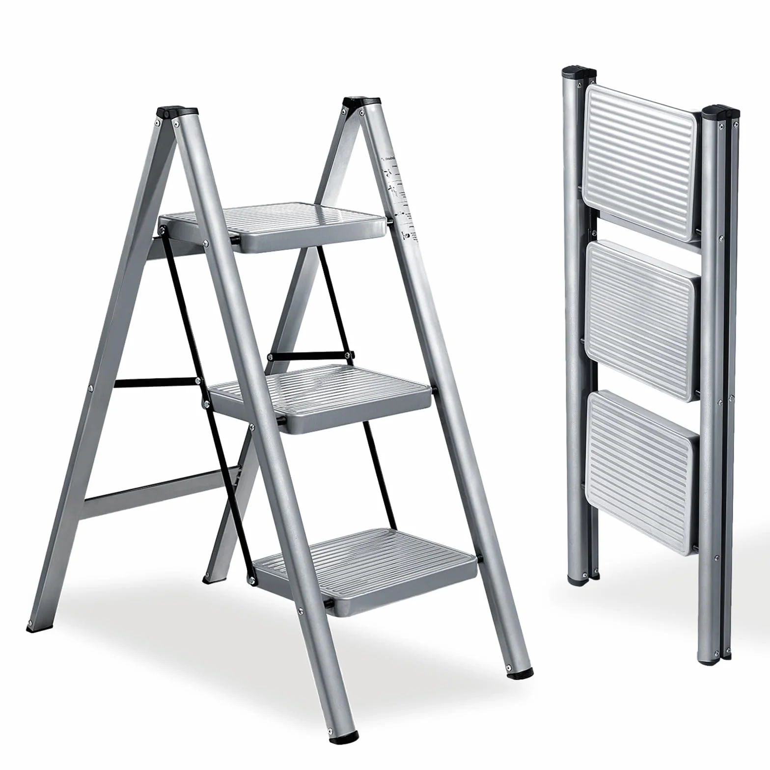 XinSunho Scala a 3 Gradini, Scaletta Pieghevole, Scaletto Domestica con Gradini Antiscivolo, Leggera e Compatta, Carico 150kg, Scaletto Portatile in Acciaio, Grigio