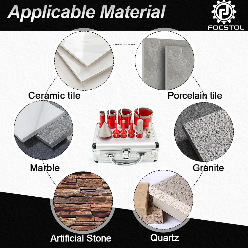 FOCSTOL Punte Diamantate Gres Porcellanato - Punte per Trapano Diamantate per Ceramica Piastrelle Marmo Granito 10 pezzi (6/8/10/20/35/50/68mm+20mm Fresa+50mm Punte per Smusso+Adattatore)