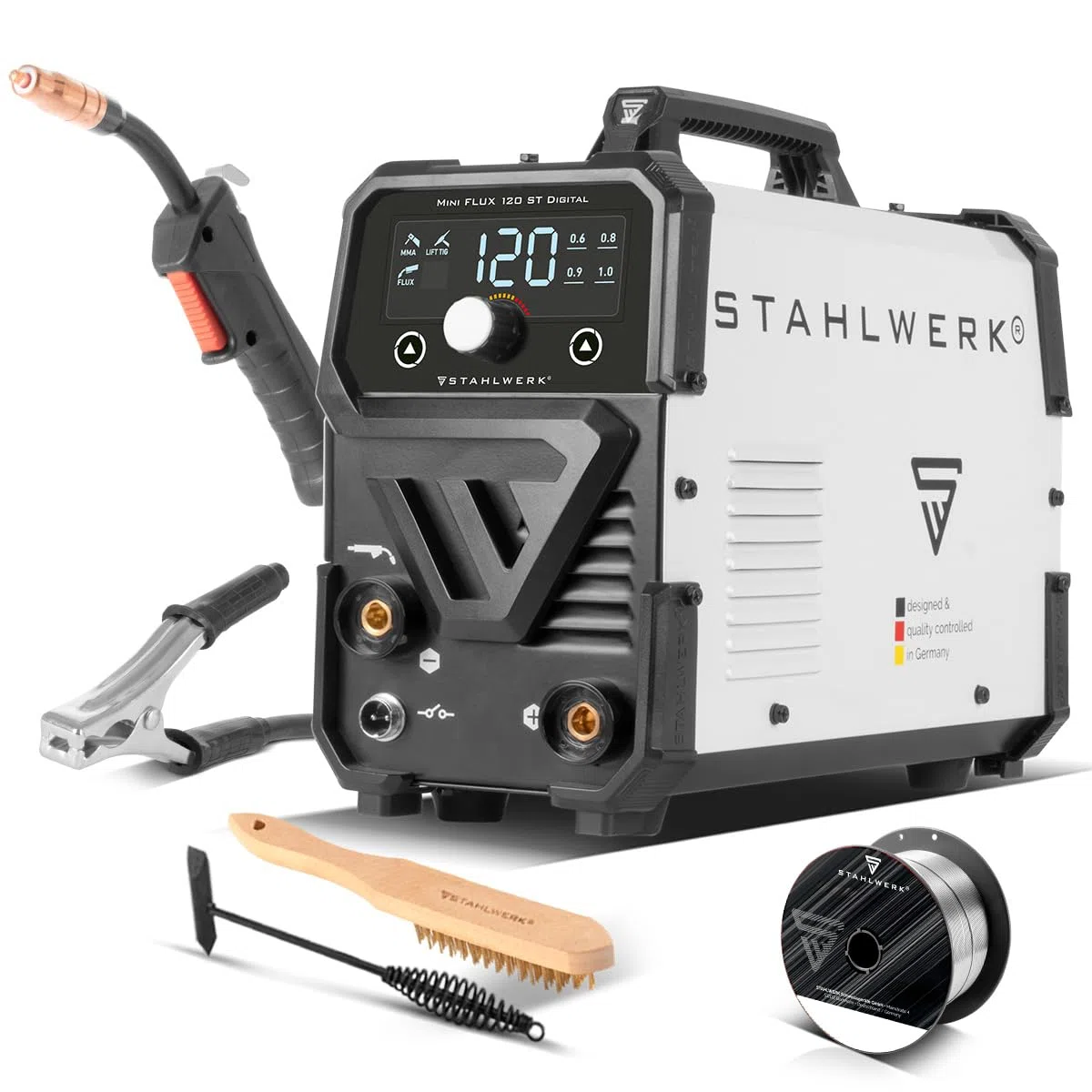 STAHLWERK Saldatrice Mini FLUX 120 ST Digitale – Saldatura a filo animato (FLUX) senza gas fino a 120 A, compatta, avanzamento sinergico e luce LED, Lift-TIG e MMA
