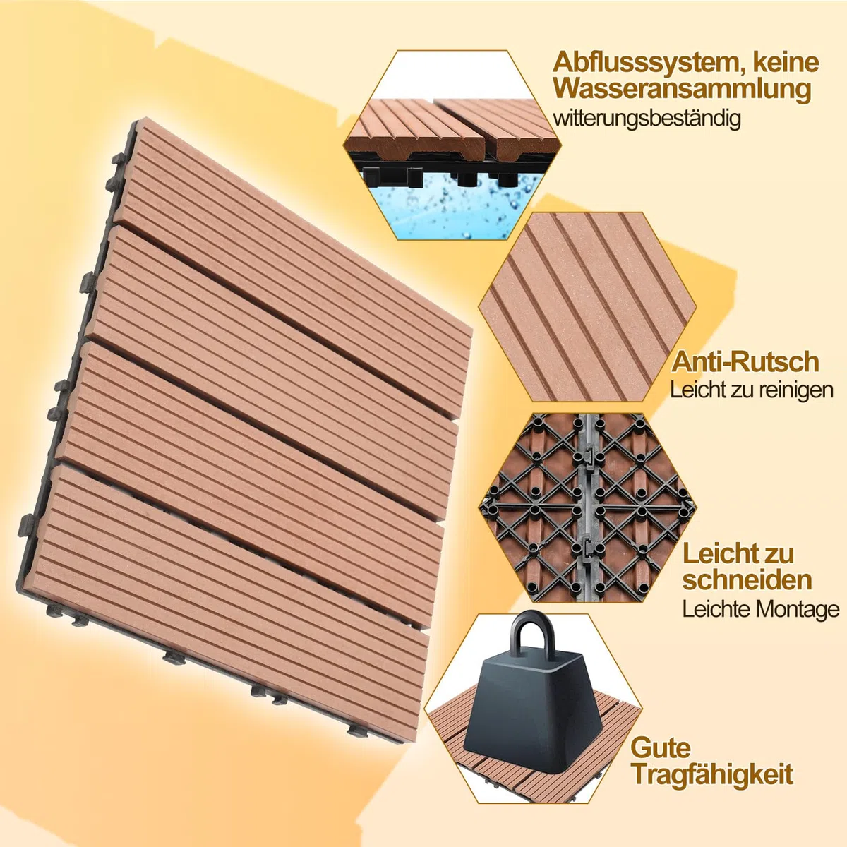 Gimisgu WPC - Piastrelle per terrazze, effetto legno, per balconi, terrazze, piastrelle a clic, in plastica, con drenaggio, per balcone e giardino, set da 55 pezzi, per 5 m², colore: marrone