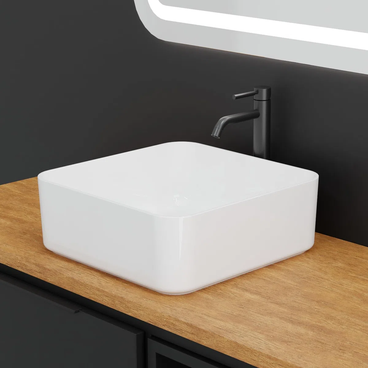 HAGO 24 | Lavabo in ceramica | quadrato 39 x 39 cm | bianco | angoli arrotondati | bordo stretto | Lavabo da appoggio | Ceramica | Antigraffio | Attacco standard