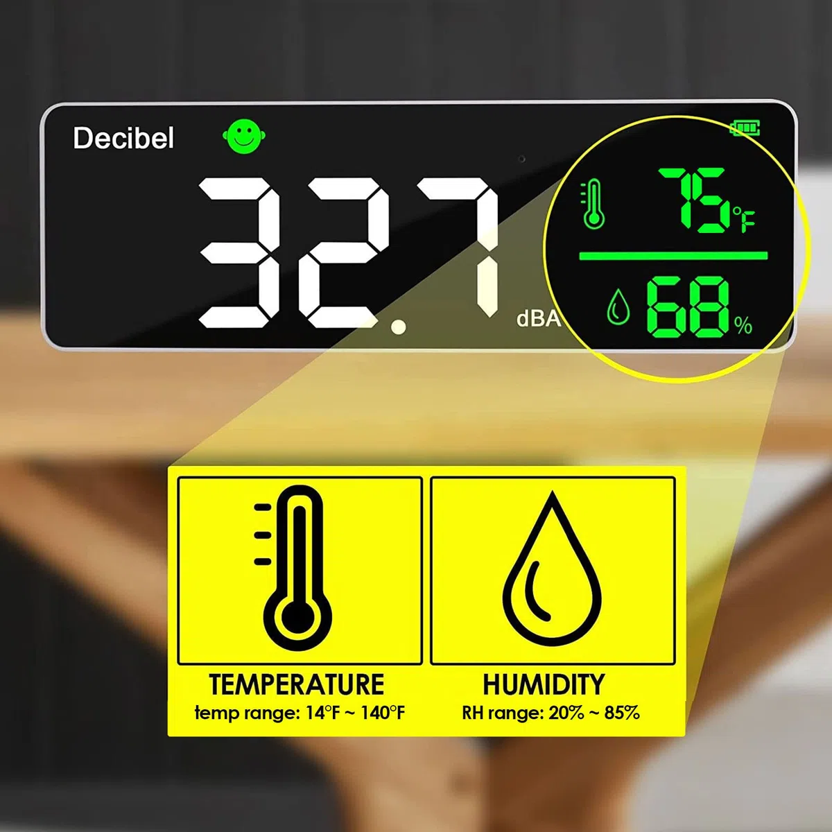 Decibel, misuratore di livello sonoro da appendere alla parete, grande display a LED, misuratore di rumore, temperatura e umidità, con indicatore di icone di allarme, ampie applicazioni per aule,