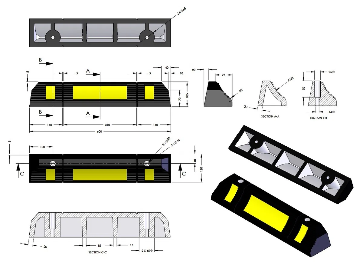 RWS-225 Fermaruote in Gomma per Parcheggi Commerciali o Personali e per Garages Privati, Nero e Giallo 60x12x10 cm (Pacco da 2)
