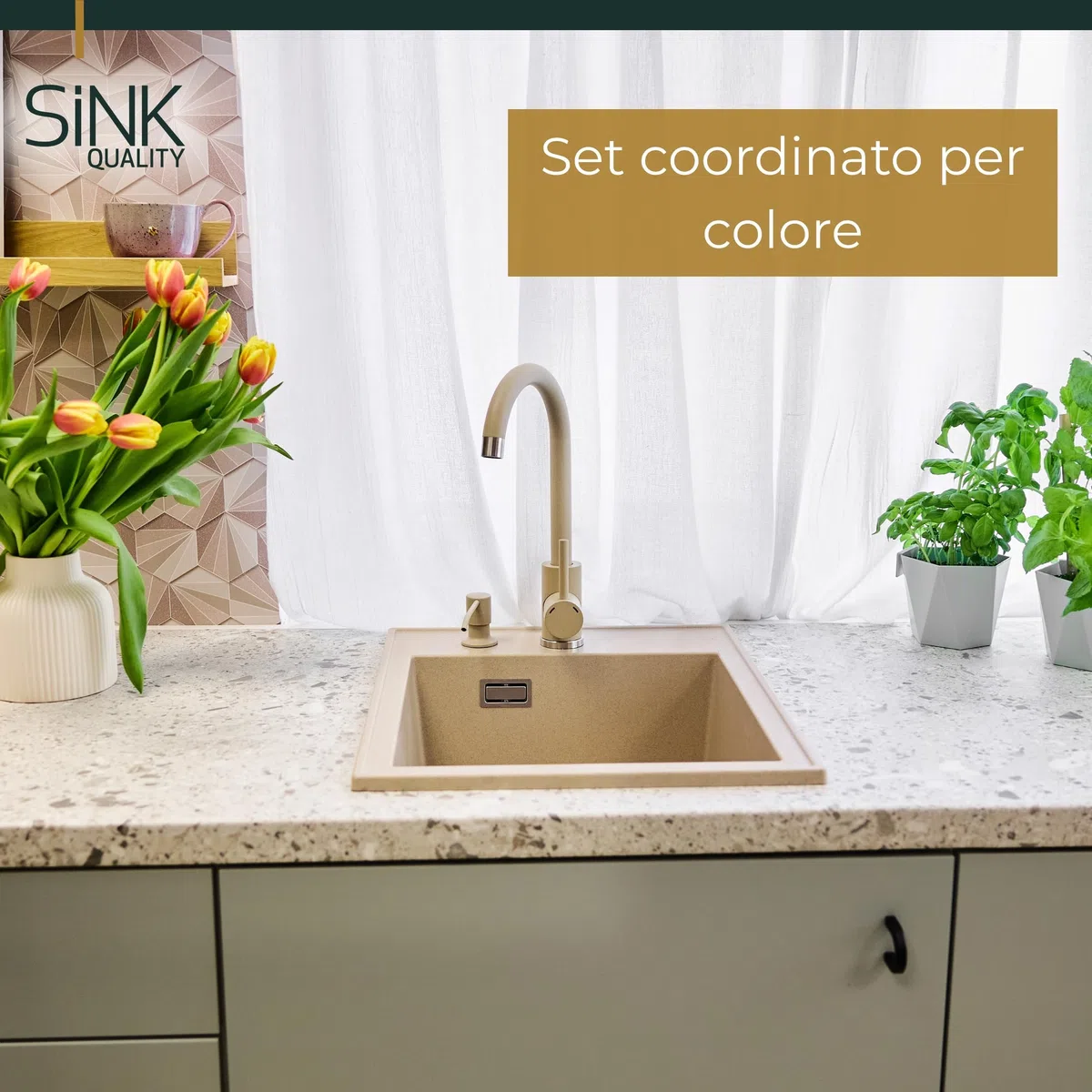 SINK QUALITY - Set completo di lavello in granito, 40 x 50 cm, con rubinetto da cucina, dispenser di sapone, sifone e impregnazione, lavello senza scolapiatti per mobiletti a partire da 40 cm di