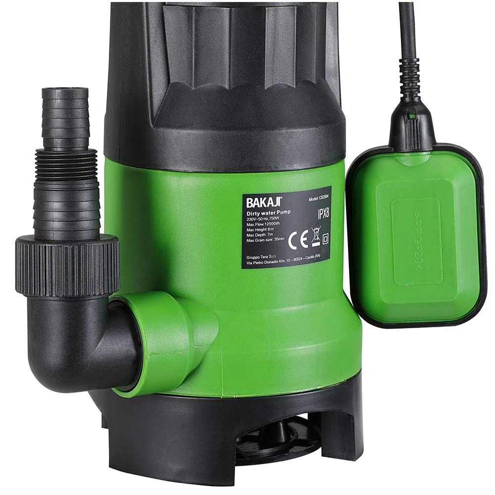 Bakaji Pompa Immersione Elettropompa Sommersa Acque Scure Sporche Potenza 750W Portata 13000L/h Profondità Massima 7 Metri con Fondo Piatto Maniglia per il Trasporto e Cavo 10 metri