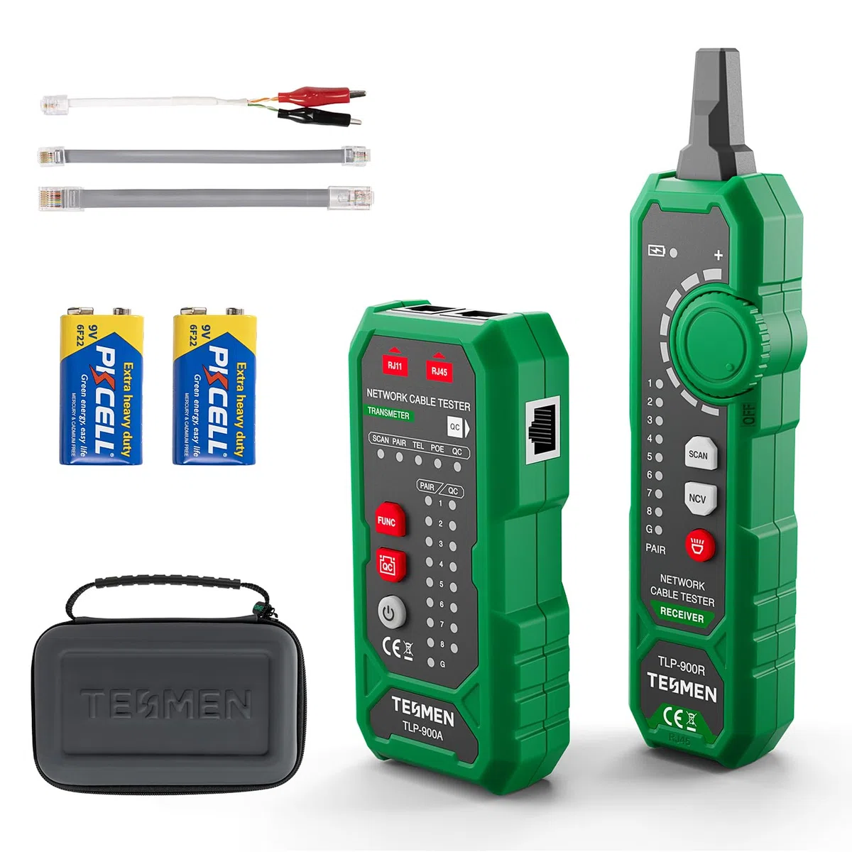 TESMEN TLP-900AR Tester per cavi di rete, RJ11 RJ45, per CAT5/6/POE/STP, con accoppiamento, Continuità, QC e NCV, adatto per Ethernet, Telefono, Manutenzione e smistamento dei cavi - Verde