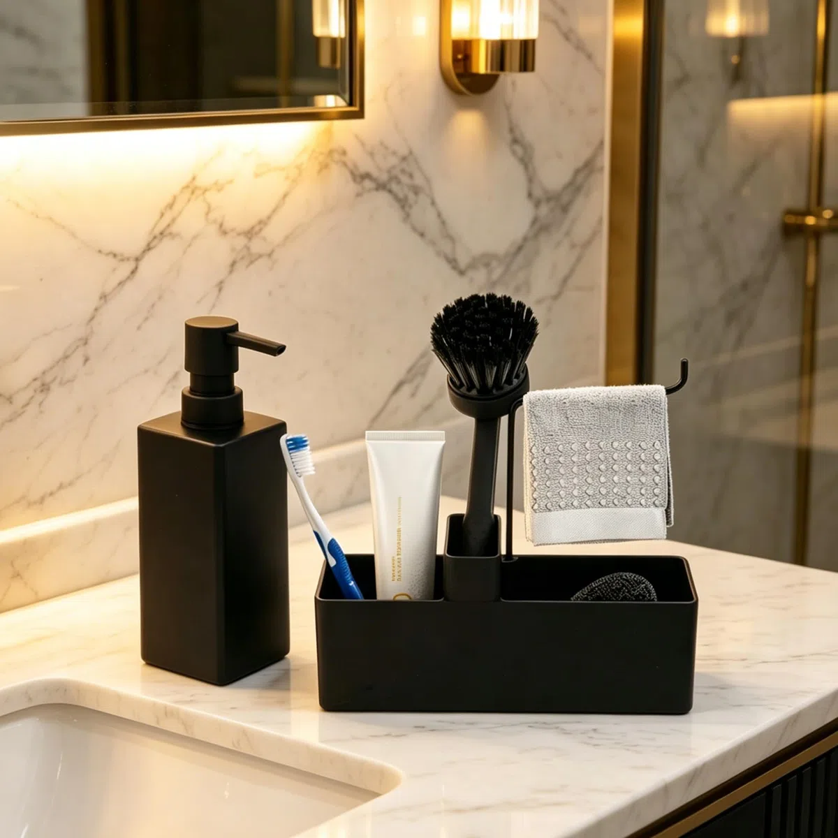 Set organizer per lavello nero a 5 pezzi, con 2 bottiglie, 1 scatola di stoccaggio, 1 spazzola e 1 pallina pulente, ideale per cucina o bagno