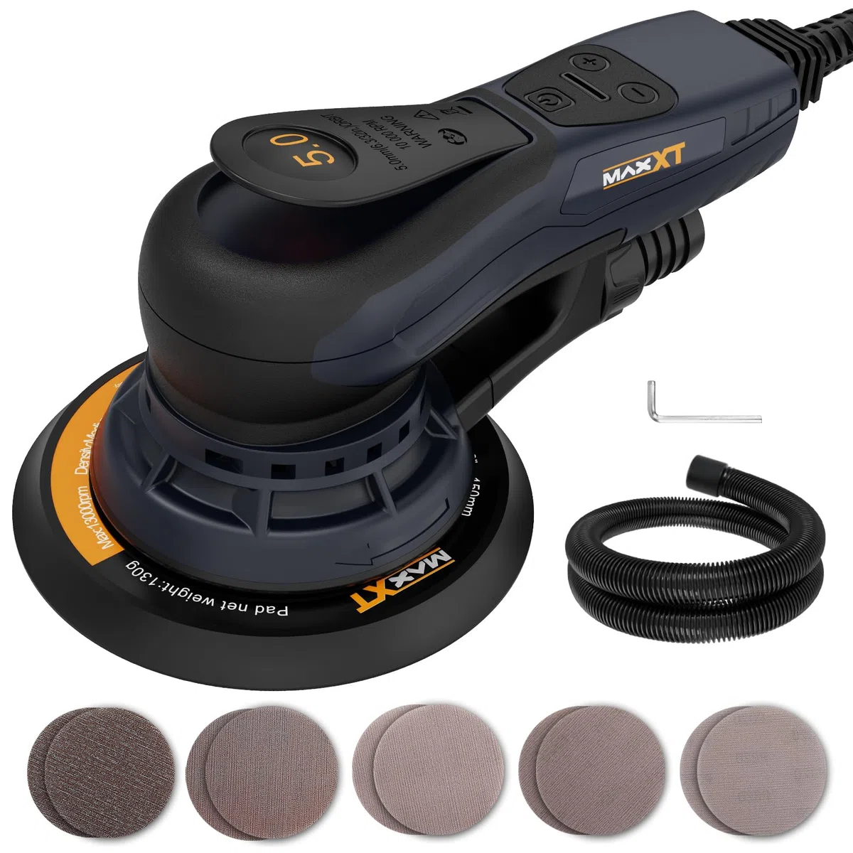 MAXXT Aggiornato da 5,0mm Levigatrice Orbitale Casuale Brushless Multifunzione a Velocità Variabile con 10 dischi abrasivi da 150mm per la Lavorazione del Legno