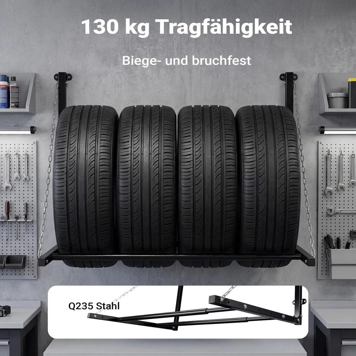 Wiltec Supporto porta pneumatici a parete, max 130 kg, per 4 ruote con cerchi