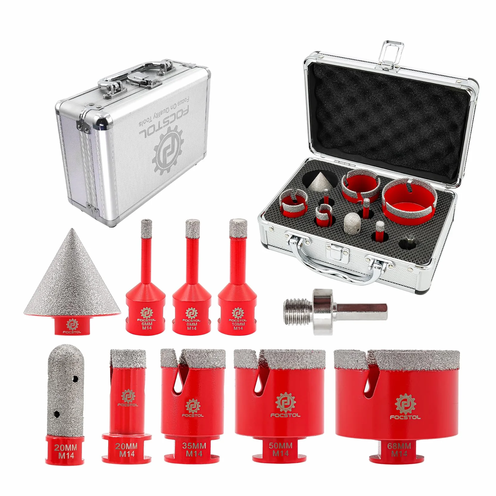 FOCSTOL Punte Diamantate Gres Porcellanato - Punte per Trapano Diamantate per Ceramica Piastrelle Marmo Granito 10 pezzi (6/8/10/20/35/50/68mm+20mm Fresa+50mm Punte per Smusso+Adattatore)
