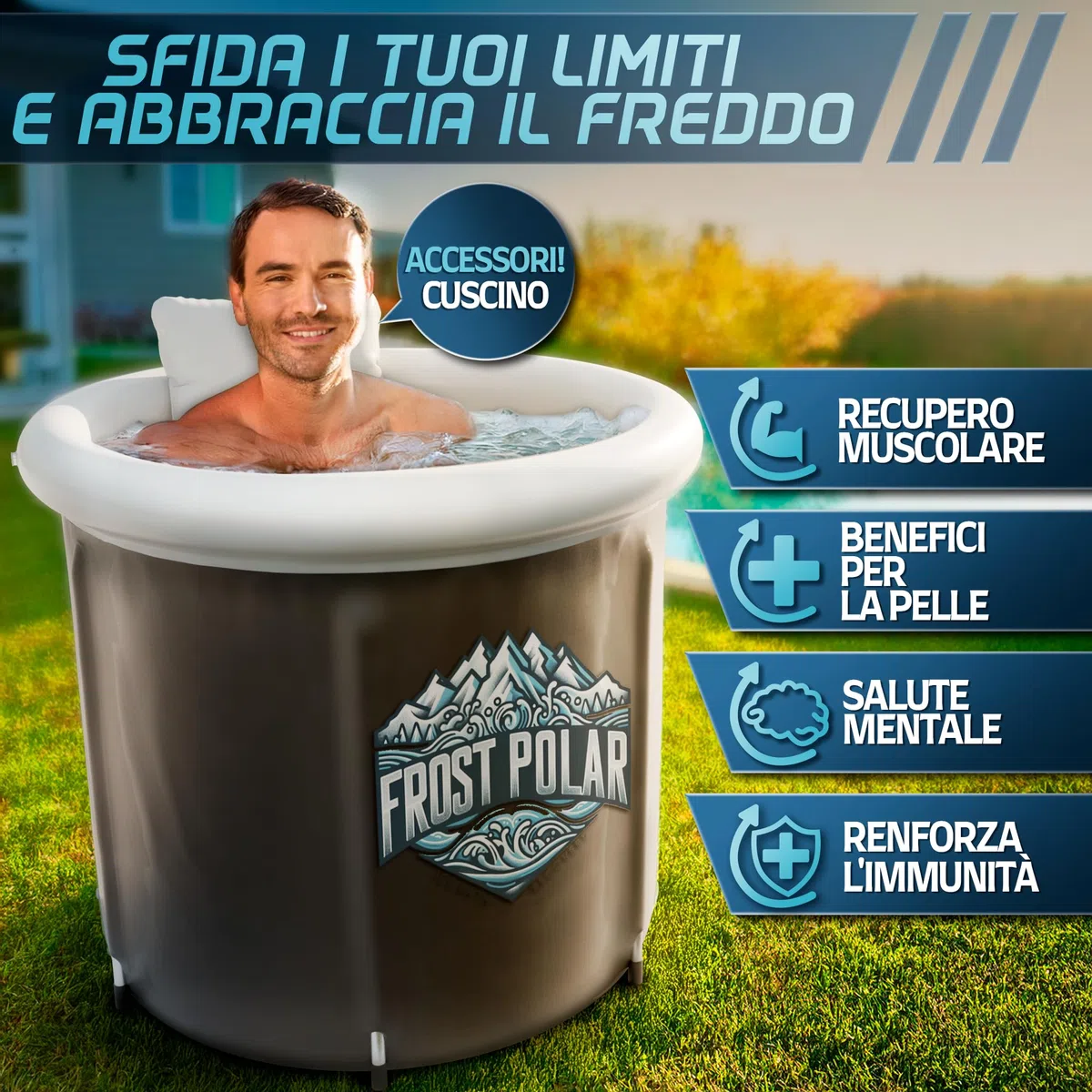 FROST POLAR - Ice Bath recupero 350 Litri - Vasca Ghiaccio Crioterapia 80 cm x 85 cm Staffe in Lega di Alluminio - Vasca Crioterapia, Include Cuscino, Borsa Impermeabile e Ricariche.