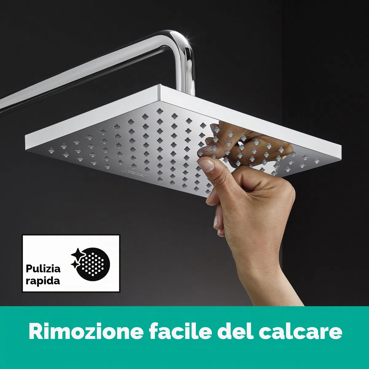 hansgrohe Vernis Shape - Soffione doccia, Doccia a pioggia quadrato (230 x 170 mm) con 1 getto per montaggio a parete/soffitto, con funzione anticalcare, cromo, 26281000