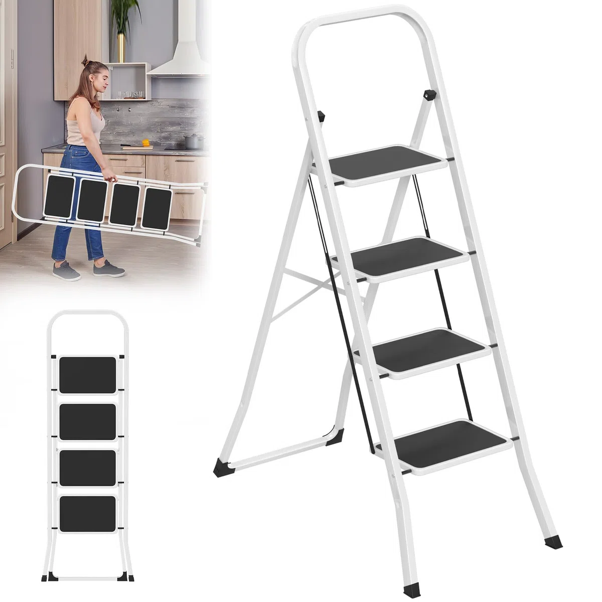 LARS360 Scala a pioli pieghevole 4 gradini – Scala a pioli pieghevole in acciaio con gradini antiscivolo, portata 150 kg, scala pieghevole per casa, cucina, ufficio, salvaspazio solo 5 cm (nero +