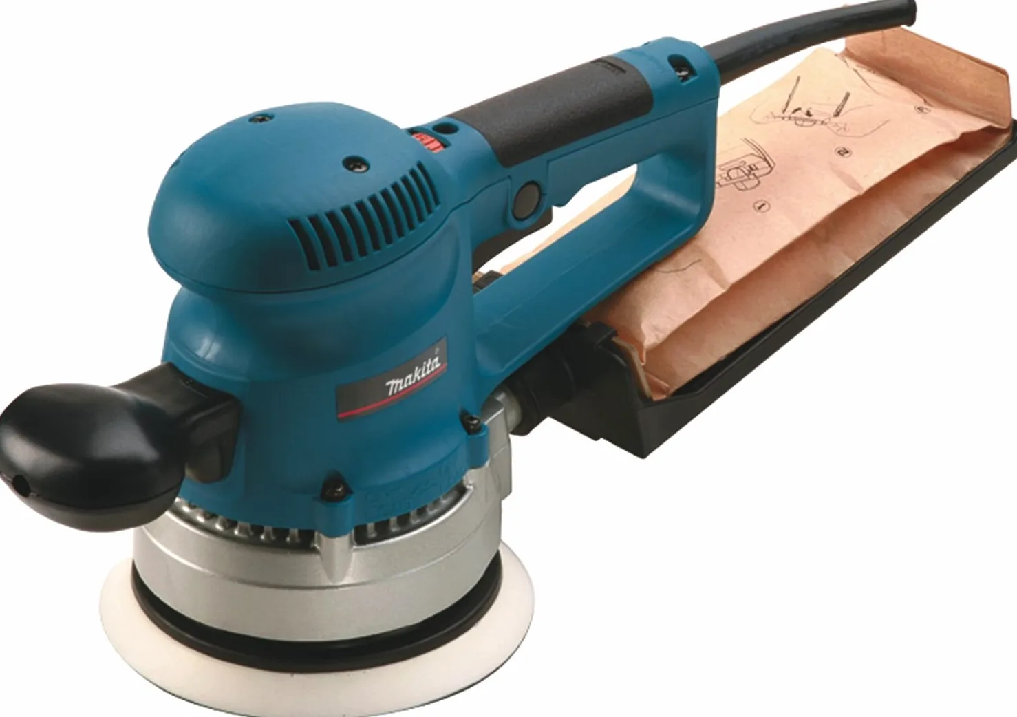 Makita BO6030JX Levigatrice orbitale 150mm 310W + 30 dischi abrasivi + valigetta Makpac, Blu, Argento., 13x160 mm