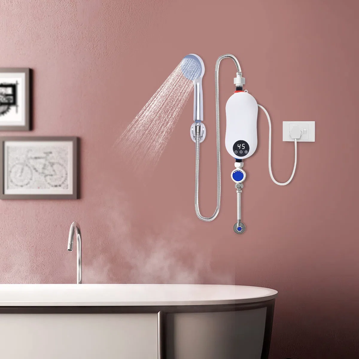 Scaldabagno elettrico istantaneo 5500 W Mini scaldabagno istantaneo con soffione doccia e indicatore LED Riscaldamento istantaneo Scaldabagno istantaneo per lavabo, cucina, bagno, IPx4 impermeabile
