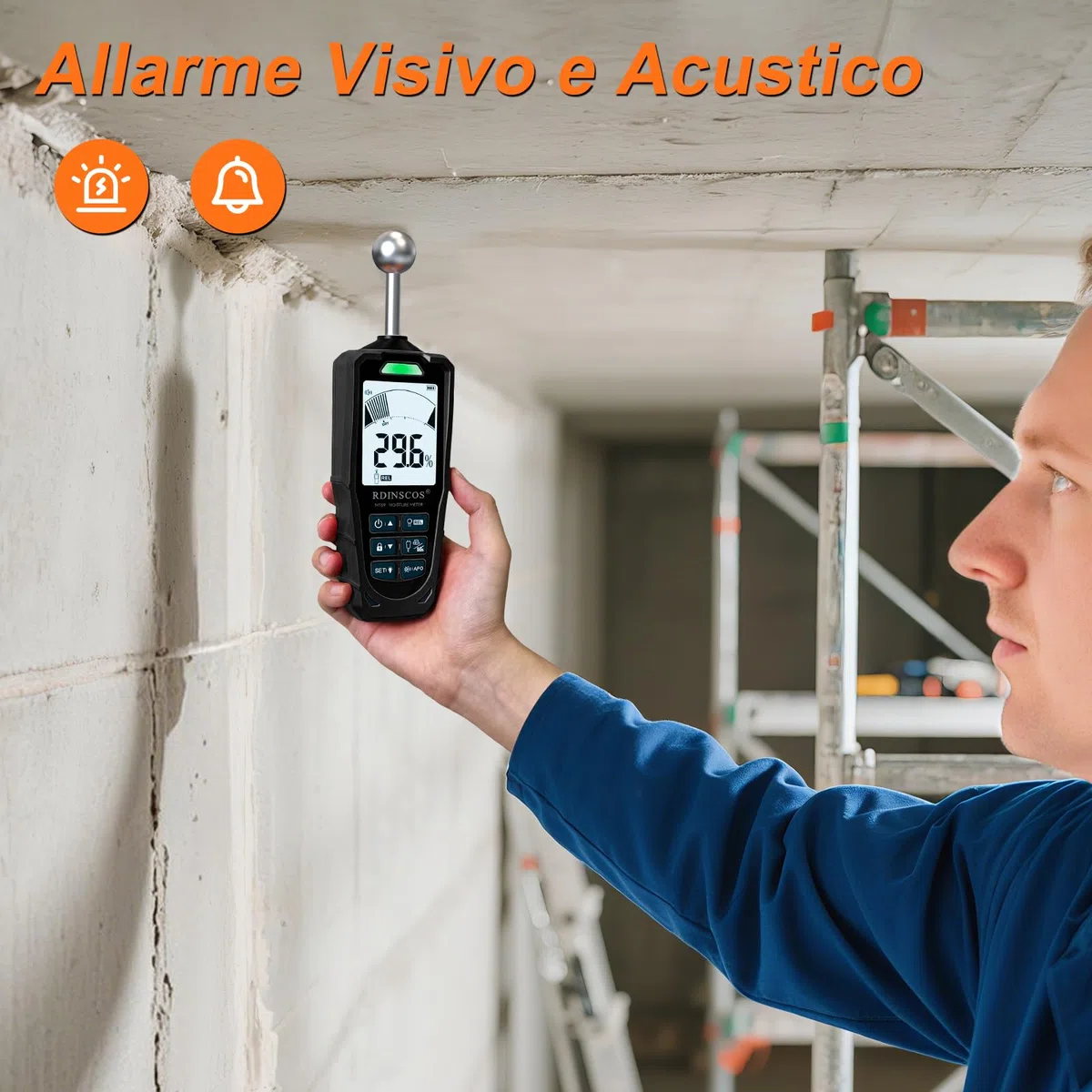 RDINSCOS Tester di umidità 2 in 1 con sonde sferiche e aghi – Umidità metro per legno, muri, calcestruzzo e gesso, schermo LCD, rilevamento 20-40 mm, allarme sonoro