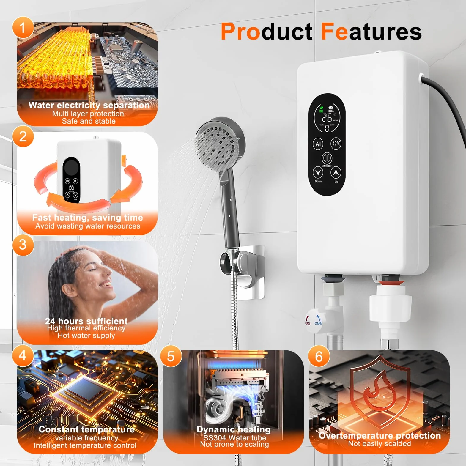 Scaldabagno elettrico, 5500 W, 220 V, indicatore della temperatura, unità integrata, controllo intelligente, mini scaldabagno, adatto per doccia e bagno