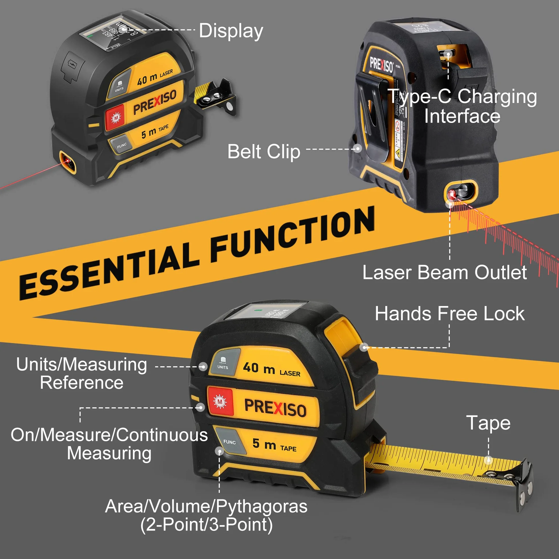 PREXISO Misuratore di Distanza Laser 2 in 1, Metro di Nastro Laser Ricaricabile, 40m Misuratore Laser e 5m Metro a Nastro, Retroilluminazione LCD M/In/Ft, per Misurare Lunghezza, Area e Volume