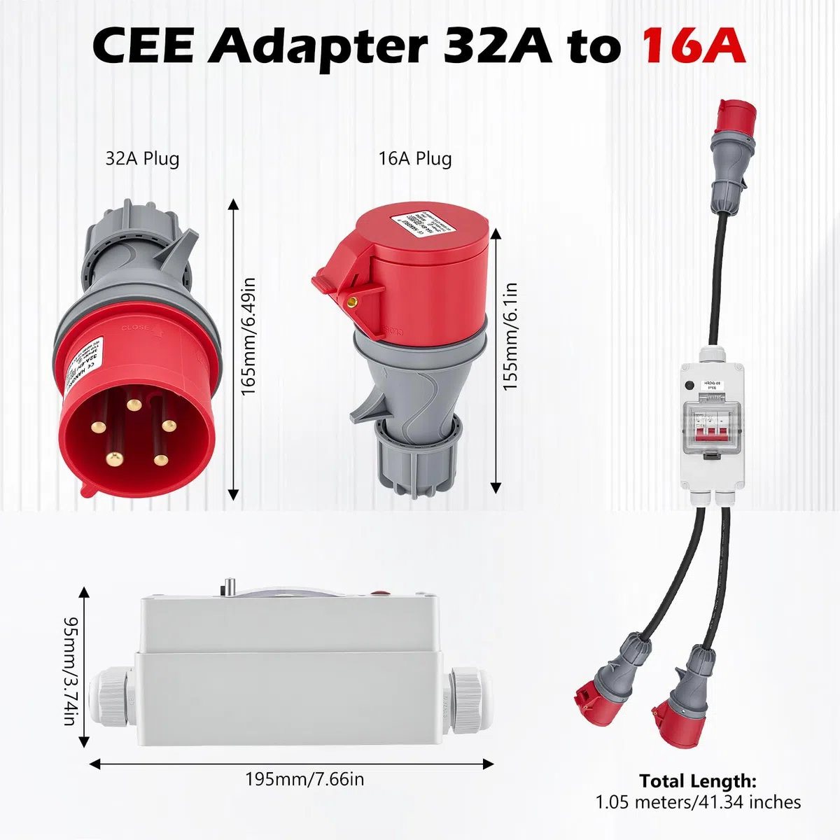 Adattatore di alimentazione CEE 32A a 16A X2 con interruttore, rame puro 5 pin 400V 1,5M Accoppiamento IP44 Distributore di alimentazione robusto, per l'industria del Camping-car Caravana, officine