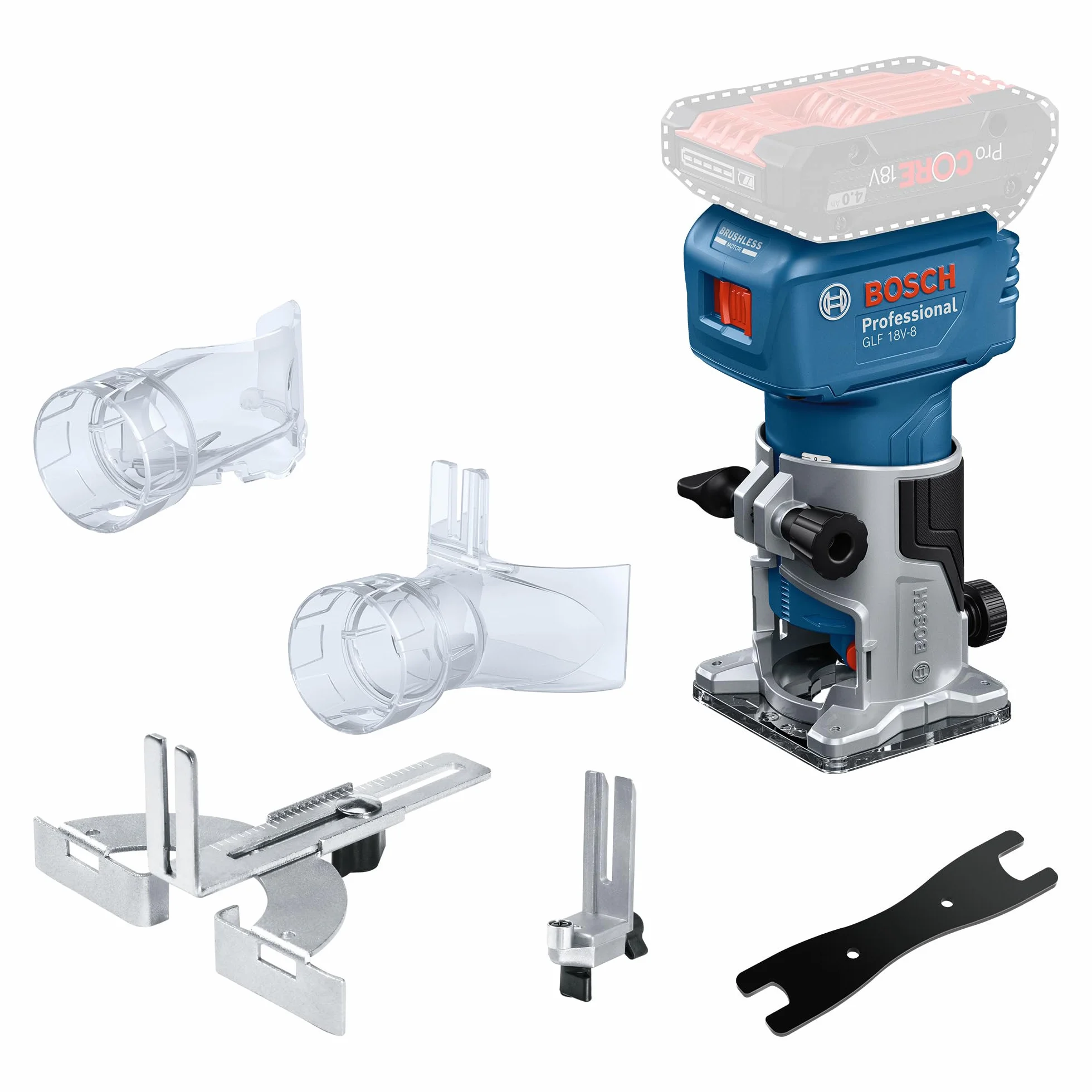 Bosch Professional 18V System Rifilatore a batteria GLF 18V-8 (incl. guida paral., adat. aspir. rifil. sup., adat. aspir. rifil. bordi, guida rullo taglio filo, pinza 8 mm, chiave, senza batt./caric.)