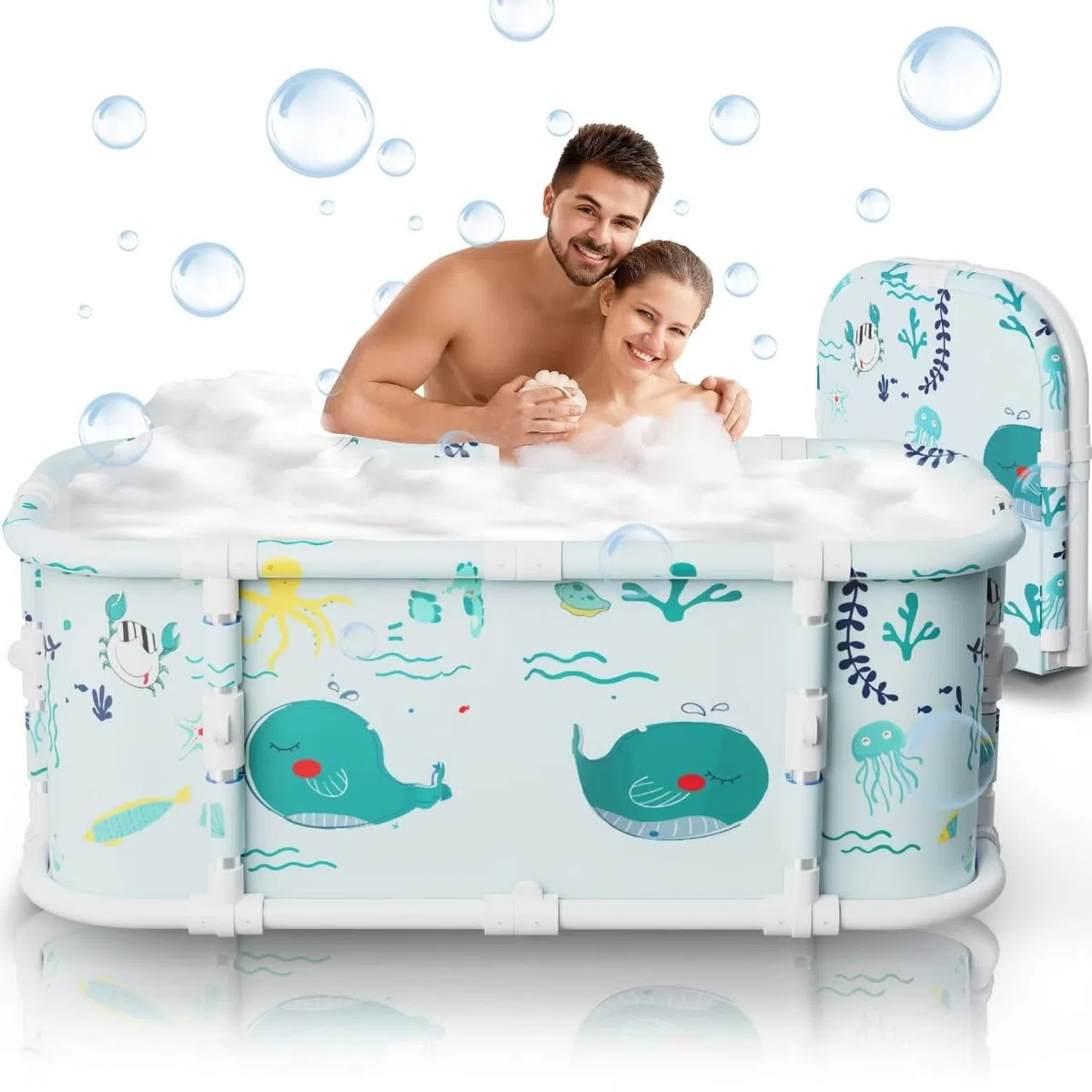 Vasca da bagno portatile, vasca da bagno pieghevole da 120 cm, installazione gratuita, vasca da bagno addensata a 7 strati con supporto in metallo, SPA (Stile oceano M2)