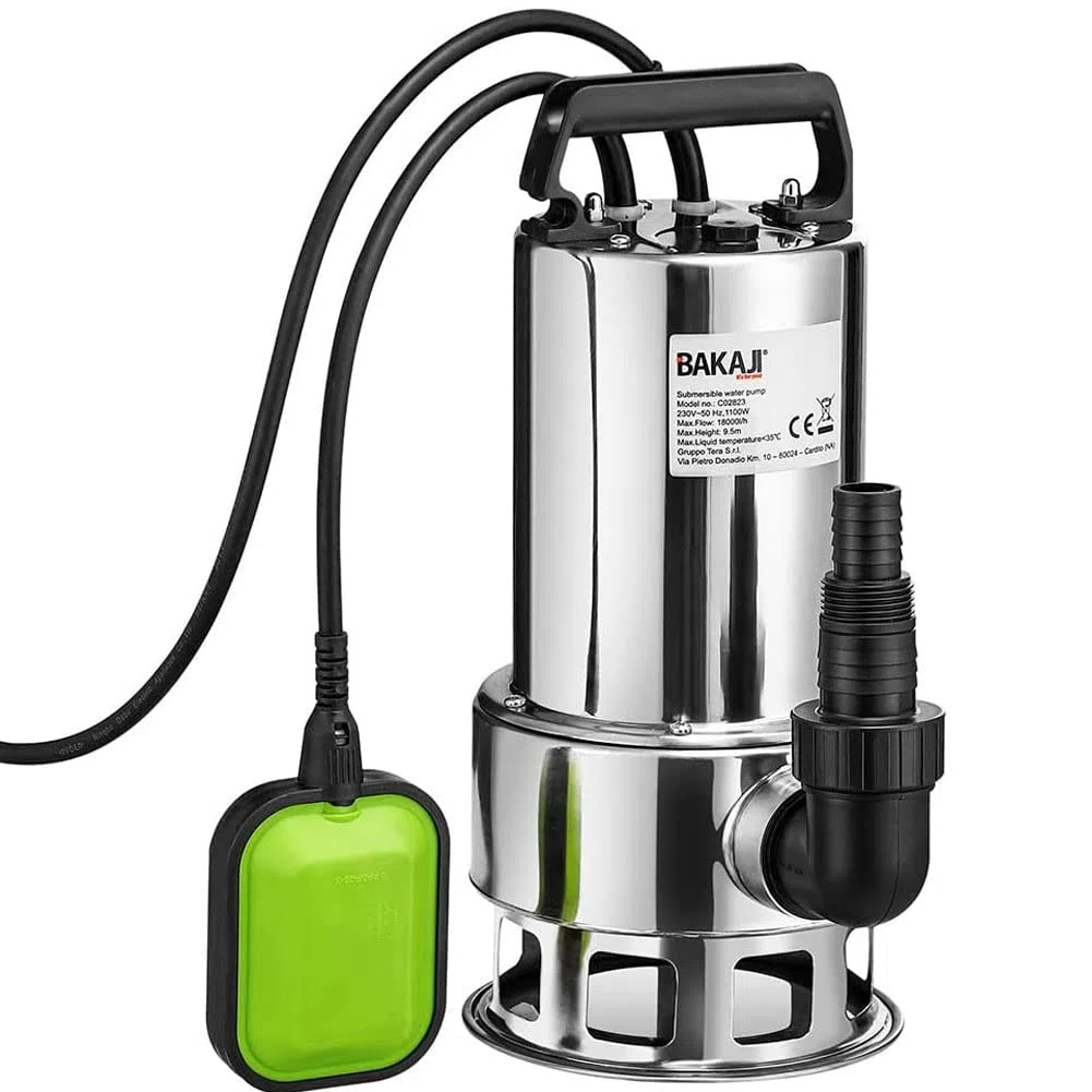 Bakaji Pompa Immersione Elettropompa Sommersa Acque Scure Sporche Potenza 1100W Portata 18000L/h Profondità Massima 9 Metri con Corpo Acciaio Fondo Piatto Maniglia per il Trasporto Cavo 10 metri