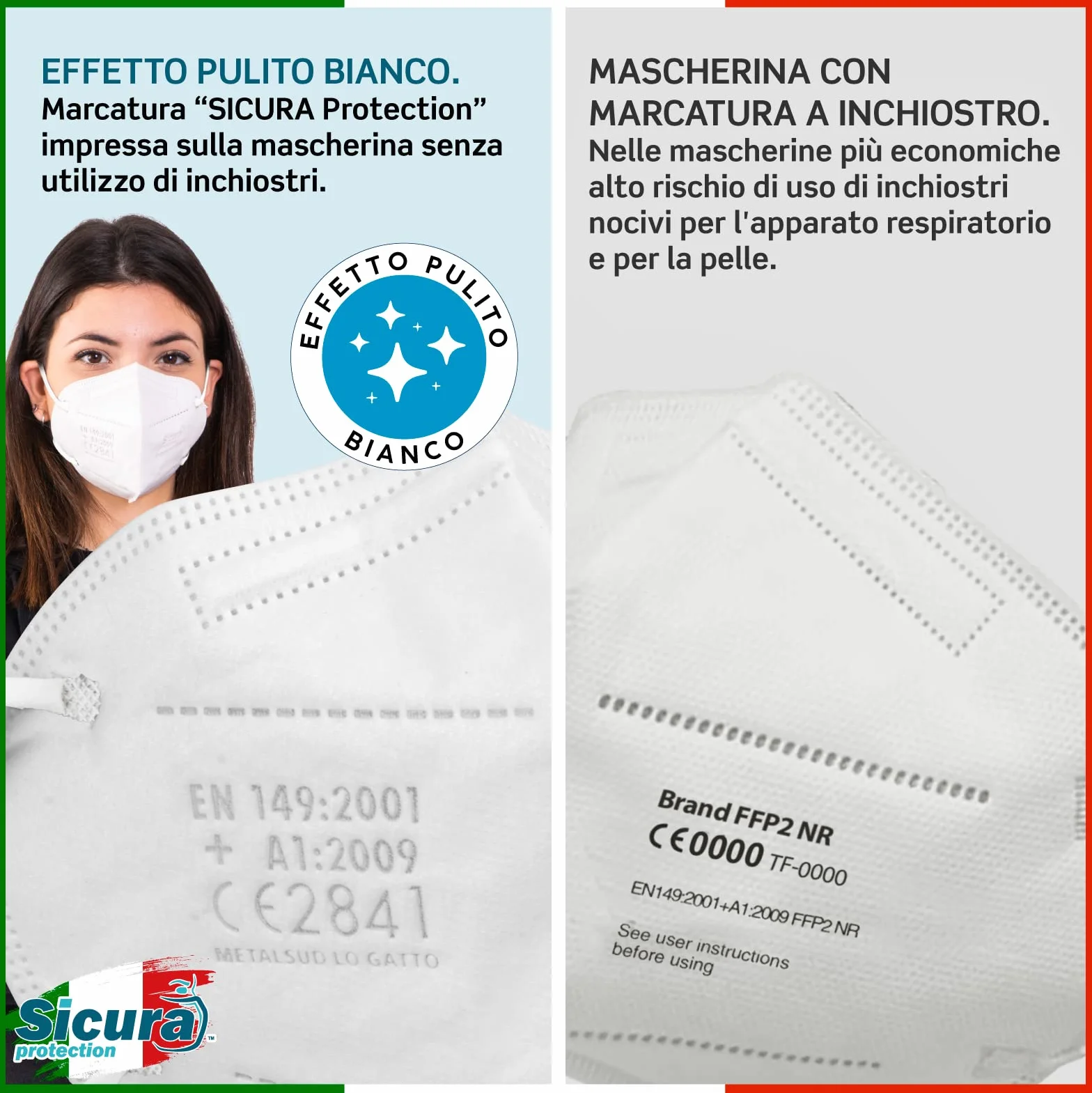 100 Mascherine FFP2 Certificate CE Made in Italy SICURA Protection BFE ≥99% Mascherina ffp2 vera Marcatura EFFETTO PULITO sigillata. EN 149:2001+A1:2009