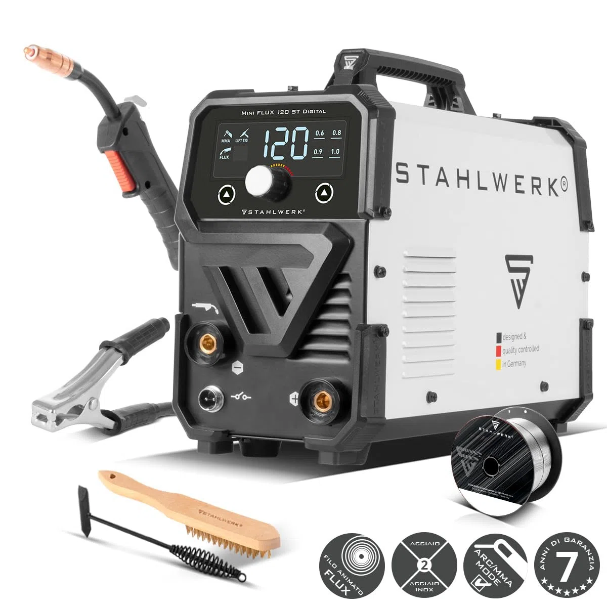 STAHLWERK Saldatrice Mini FLUX 120 ST Digitale – Saldatura a filo animato (FLUX) senza gas fino a 120 A, compatta, avanzamento sinergico e luce LED, Lift-TIG e MMA