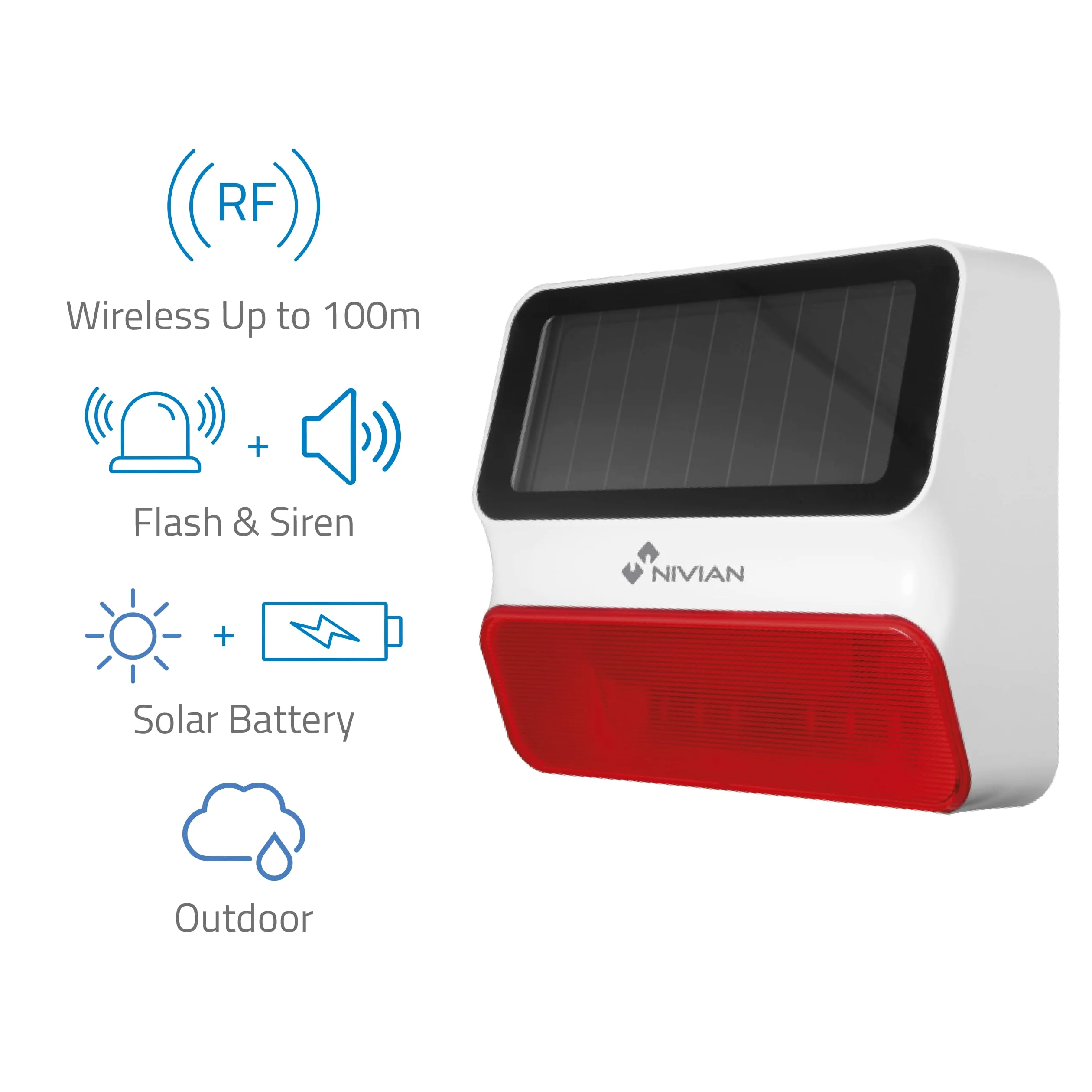 Nivian - Sirena wireless ad alimentazione solare compatibile con allarme Nivian – Adatta per esterni – Avviso luminoso e sonoro da 100 dB – Include batteria – Installazione semplice
