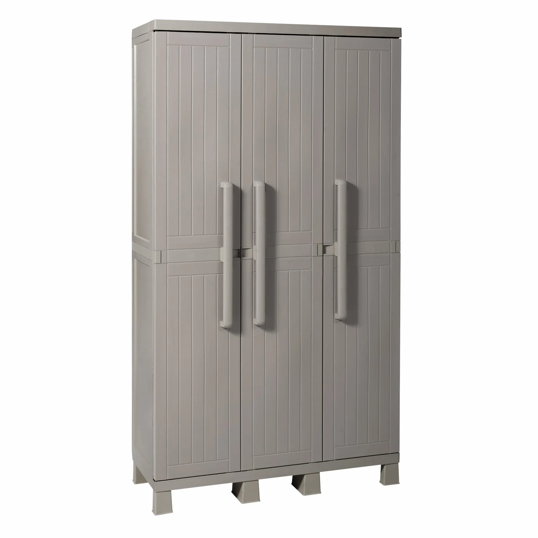 Toomax Armadio Wood Midi a 3 ante con 4 ripiani regolabili, 97x37x173h cm in plastica resistente effetto legno grigio tortora, con piedini e predisposizione per lucchetto, ideale per garage e cantine