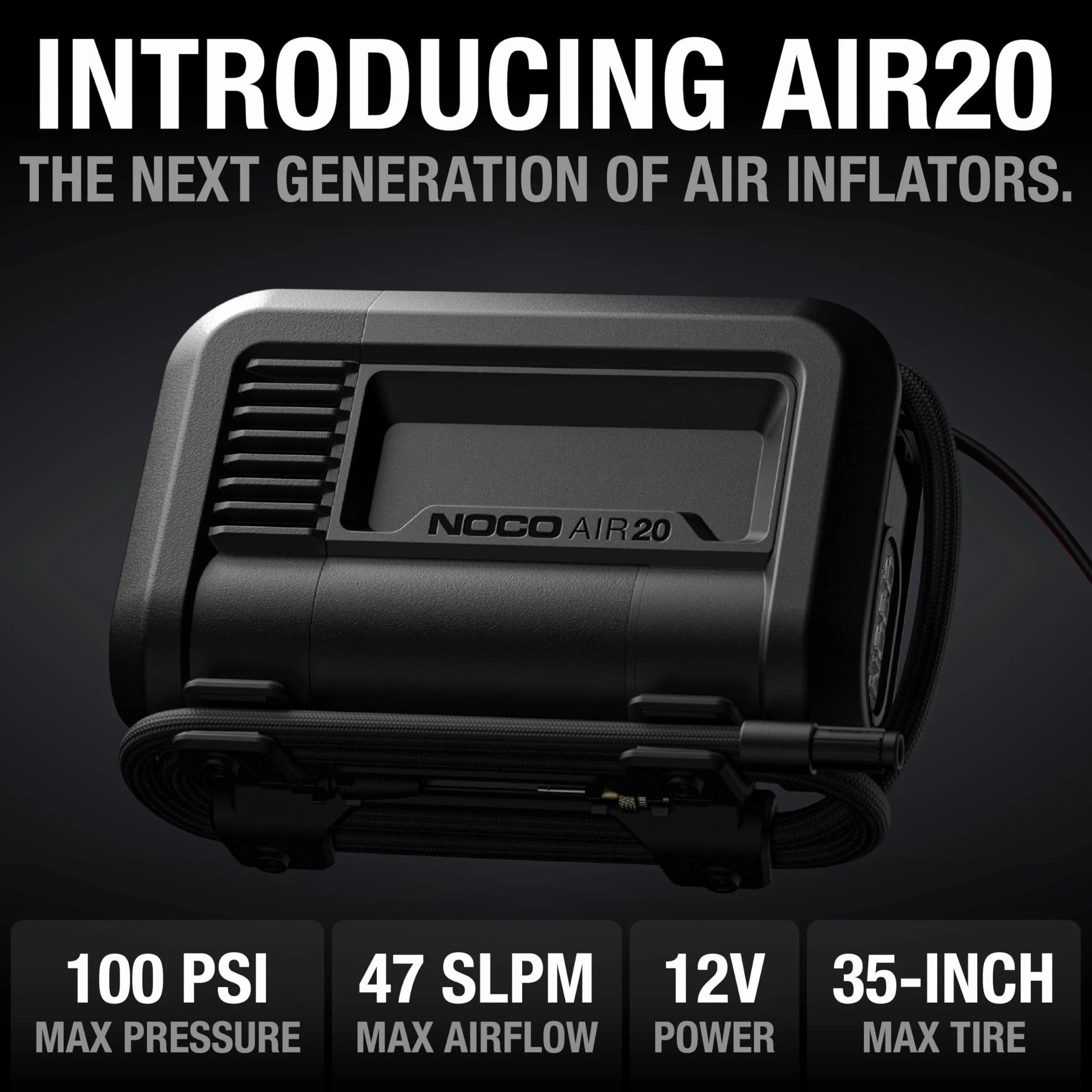NOCO AIR20: Gonfiatore per Pneumatici da 20A – Compressore d’Aria Portatile 12V – Portata 47 SLPM, da 0 a 40 PSI in 2,5 Minuti – Manometro Digitale + Spegnimento Automatico