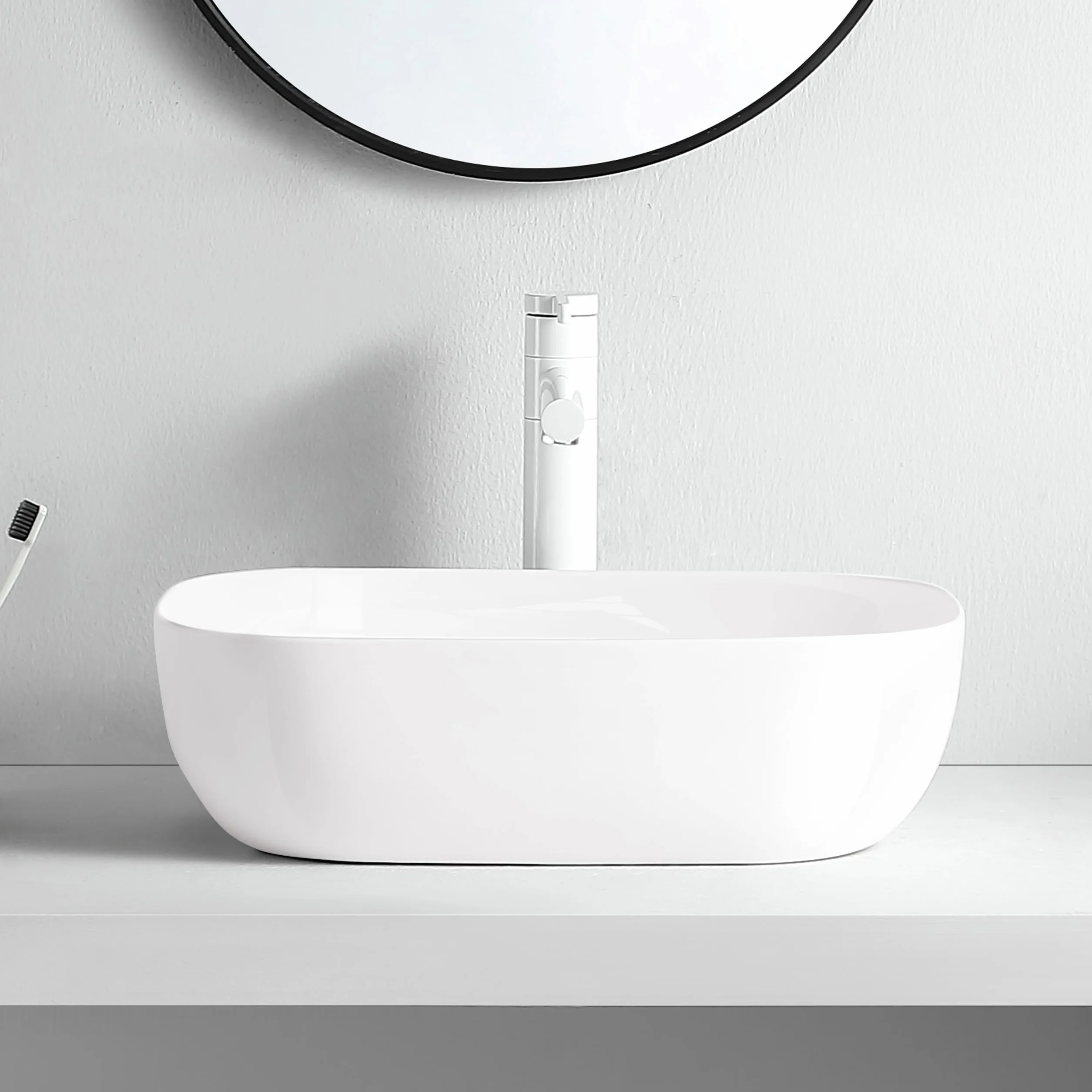 Lavabo da appoggio NINA 47x33 cm Rettangolare – Lavabo in ceramica bianca senza foro rubinetto e troppopieno – Ceramica sanitaria per bagno