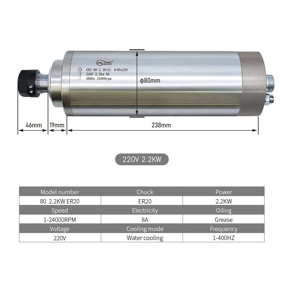 Motore a mandrino CNC, 2,2 kW, 2200 W, 220 V, 400 Hz, 24000 giri/min, mandrino raffreddato ad acqua da 2,2 kW, VFD + mandrino da 80 mm + pompa dell'acqua da 75 W + 13 prese ER20 (1-13 mm)