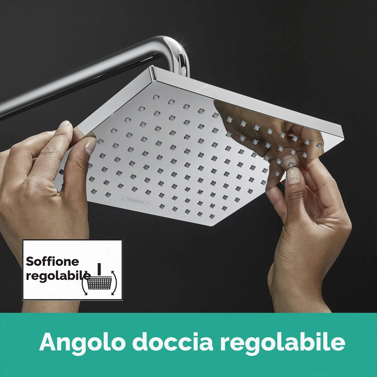 hansgrohe Vernis Shape - Soffione doccia, Doccia a pioggia quadrato (230 x 170 mm) con 1 getto per montaggio a parete/soffitto, con funzione anticalcare, cromo, 26281000