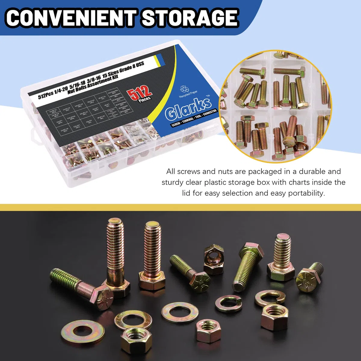 Glarks 512 pezzi di grado 8 bulloni esagonali a filettatura grossa Dadi Viti Rondelle Kit Assortimento, 1/4-20 5/16-18 3/8-16 pollici 15 dimensioni viti a testa esagonale e dadi esagonali rondelle