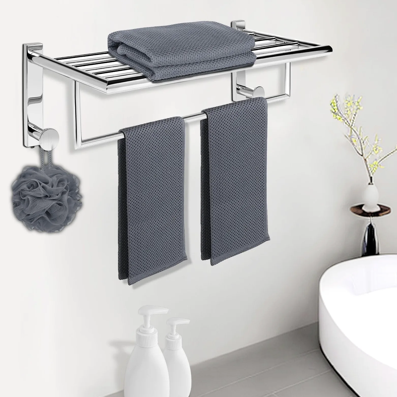 QL Portasciugamani Bagno da Parete,Mensola Porta Asciugamani con 2 Ganci,Acciaio Inossidabile 50cm,Argento