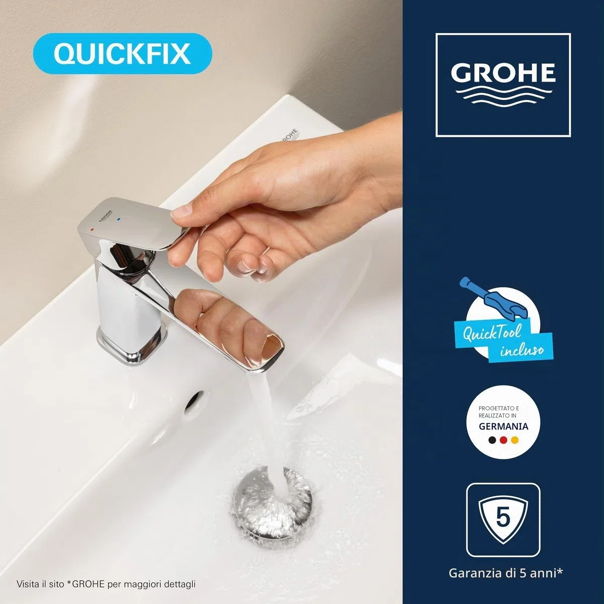 GROHE Dice Rubinetto miscelatore per lavabo con piletta push-open (M-Size 172 mm, cartuccia ceramica 28 mm, risparmio idrico ed energetico, facile da installare), cromo, 1018360000