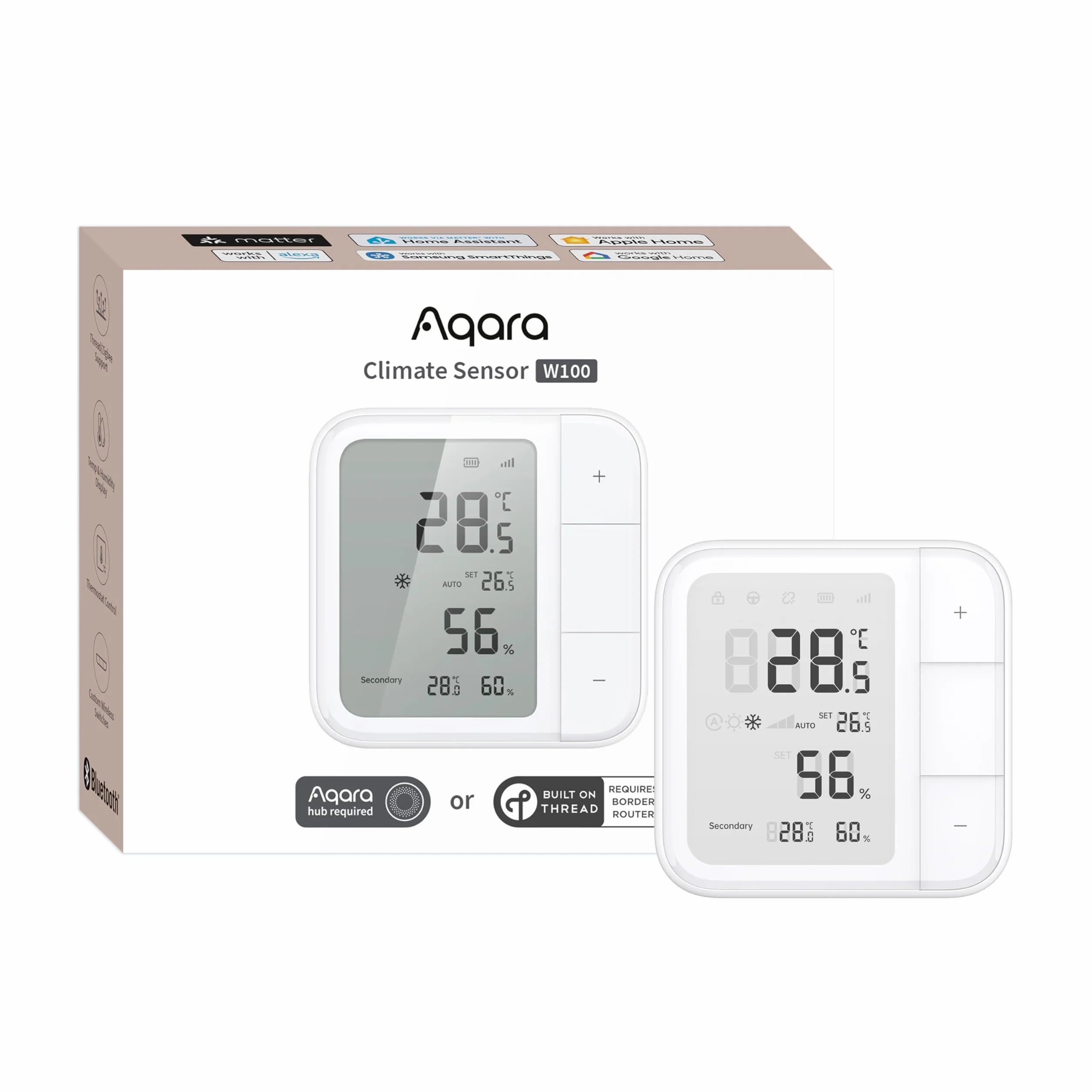 Aqara Termostato Ambiente W100 Thread/Zigbee, Monitoraggio della Temperatura e dell'Umidità, Wireless, Controllo Remoto HVAC, 3 Pulsanti Personalizzabili, Funziona con HomeKit, Alexa, Google