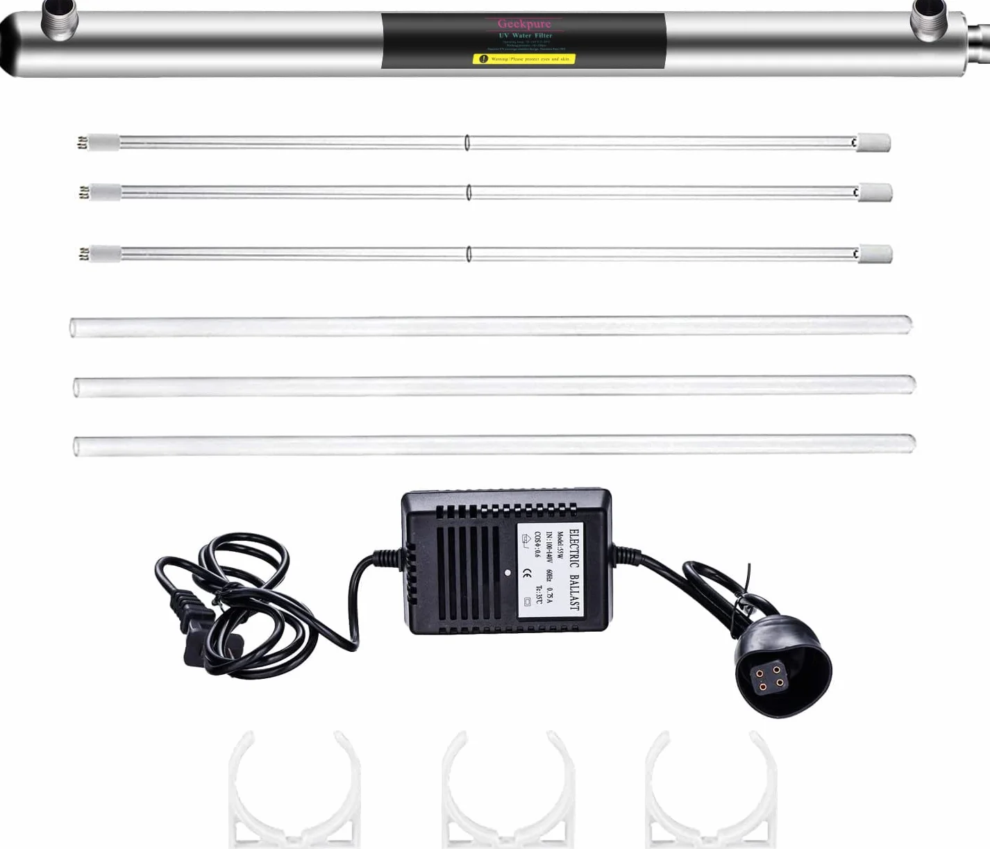 Geekpure Sistema di filtraggio dell'acqua per tutta la casa - Purificatore d'acqua UV da 55 W con 3 filtri UV + 3 manicotti al quarzo
