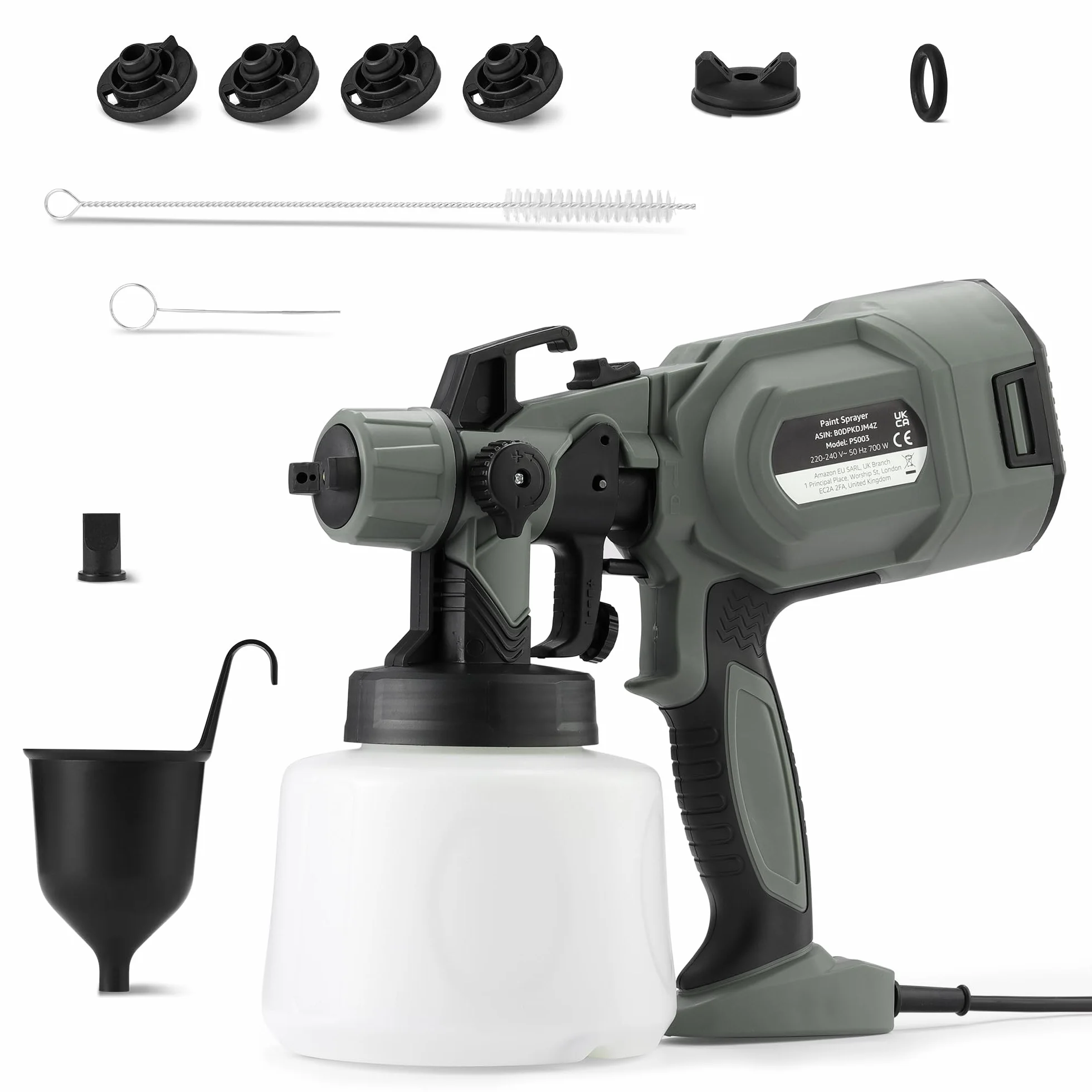 Amazon Basics Pistola a Spruzzo Elettrica 700W con Serbatoio da 1.200ml, 4 Ugelli e 3 Modalità di Spruzzo, per Interni ed Esterni, Grigia