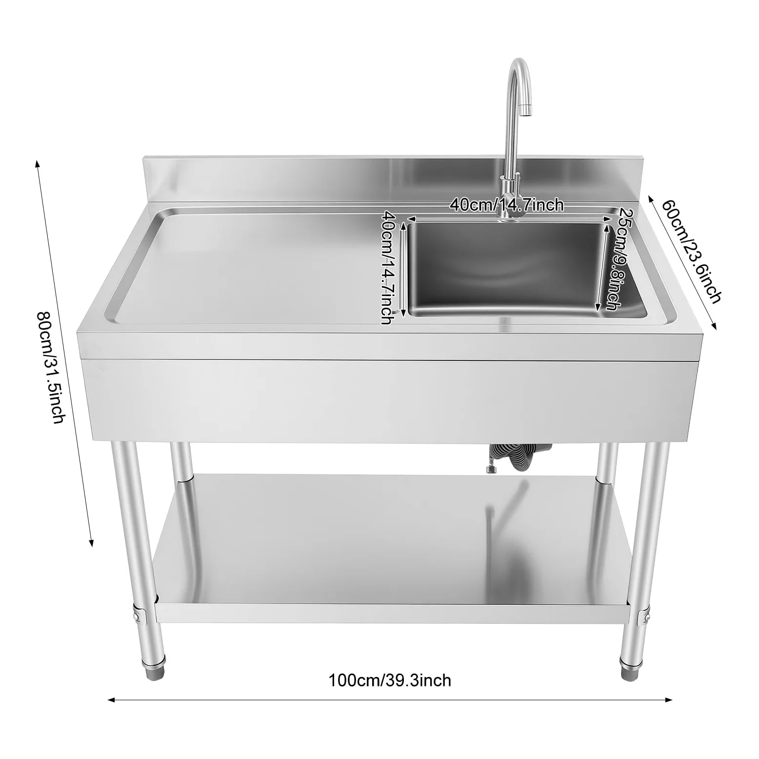 Lavello da cucina freestanding in acciaio con armadio inferiore e rubinetto | Lavello autonomo da cucina su piedistallo, 100*60*80cm, Per Lavare Frutta, Verdura, Ciotole