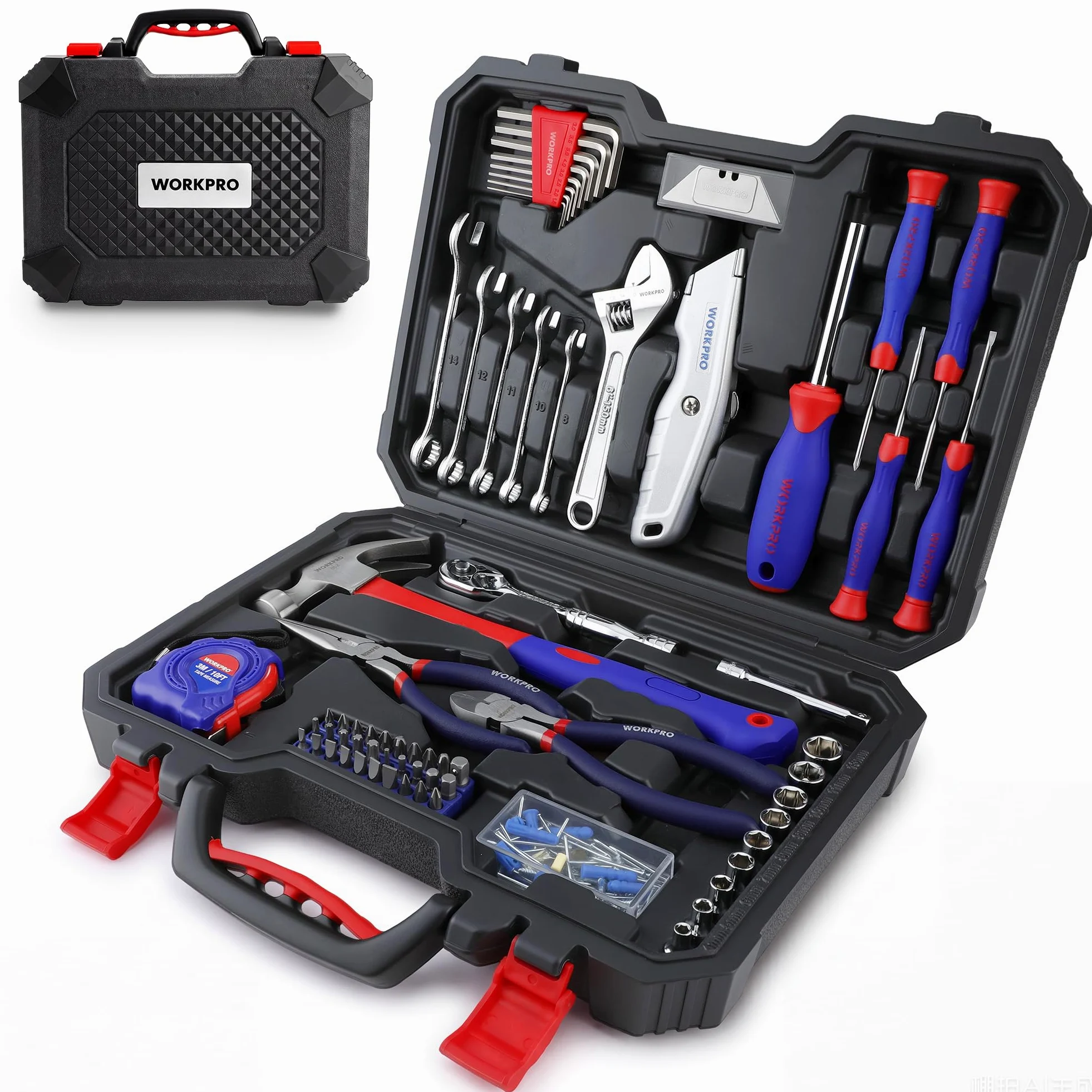 WORKPRO Kit di Attrezzi per la Casa 106 pezzi | Kit di Attrezzi Fai da Te con Custodia di Stoccaggio che Include Cacciaviti, Pinze, Chiavi, Martello, Metro a Nastro, Chiave Esagonale, Coltello